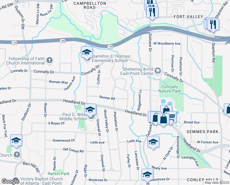 map of restaurants, bars, coffee shops, grocery stores, and more near 2249 Bonner Road in East Point