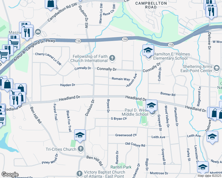 map of restaurants, bars, coffee shops, grocery stores, and more near 2314 Bryant Drive in East Point