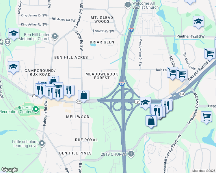 map of restaurants, bars, coffee shops, grocery stores, and more near 3478 Meadowlane Place Southwest in Atlanta