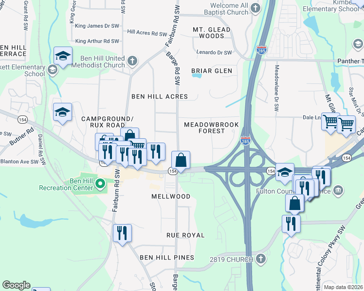 map of restaurants, bars, coffee shops, grocery stores, and more near 2360 Barge Road Southwest in Atlanta