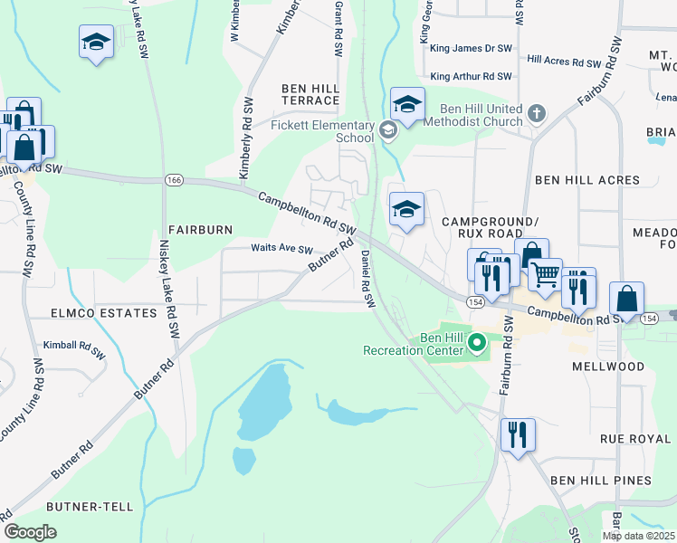 map of restaurants, bars, coffee shops, grocery stores, and more near 2293 Ewing Street Southwest in Atlanta