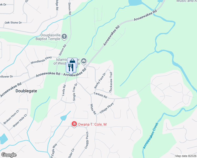 map of restaurants, bars, coffee shops, grocery stores, and more near 4166 Rocky Face Drive in Douglasville