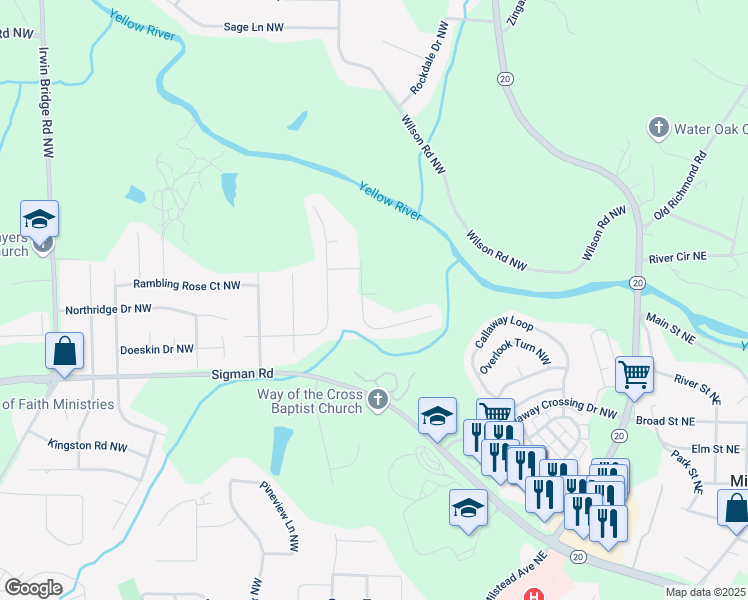 map of restaurants, bars, coffee shops, grocery stores, and more near 615 Upland Trail Northwest in Conyers