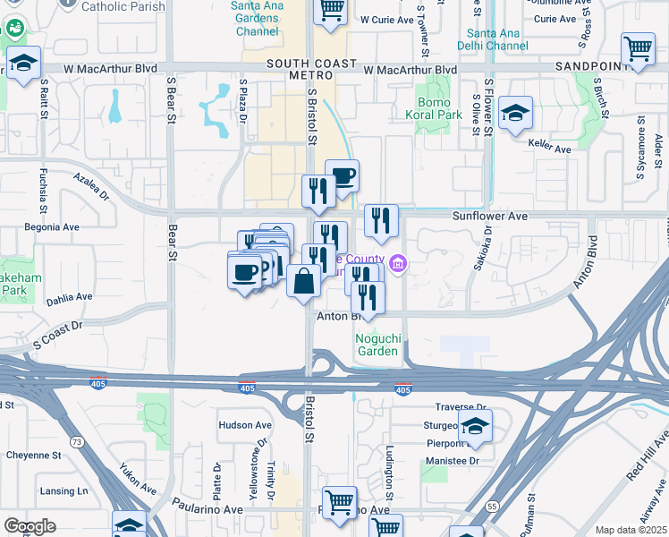 map of restaurants, bars, coffee shops, grocery stores, and more near 695 Town Center Drive in Costa Mesa
