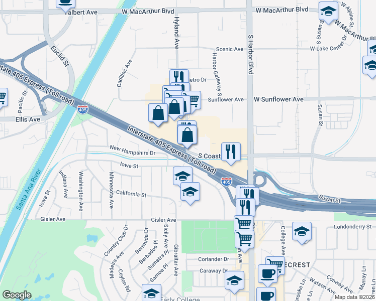 map of restaurants, bars, coffee shops, grocery stores, and more near 3303 Hyland Avenue in Costa Mesa