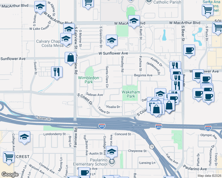 map of restaurants, bars, coffee shops, grocery stores, and more near 1099 Salinas Avenue in Costa Mesa