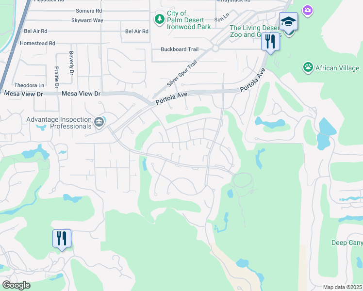 map of restaurants, bars, coffee shops, grocery stores, and more near 73441 Foxtail Lane in Palm Desert