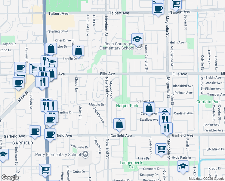 map of restaurants, bars, coffee shops, grocery stores, and more near 18634 Morongo St in Fountain Valley