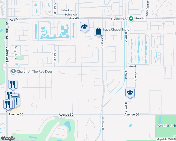 map of restaurants, bars, coffee shops, grocery stores, and more near 80842 Kebon Drive in Indio