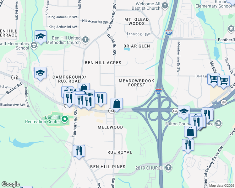 map of restaurants, bars, coffee shops, grocery stores, and more near 2360 Barge Road Southwest in Atlanta