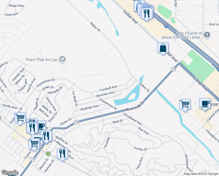 map of restaurants, bars, coffee shops, grocery stores, and more near Turnbull Avenue in Lake Elsinore