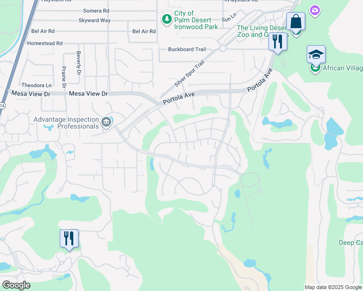 map of restaurants, bars, coffee shops, grocery stores, and more near 73417 Foxtail Lane in Palm Desert