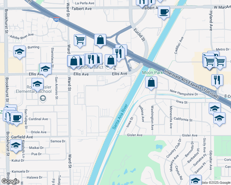 map of restaurants, bars, coffee shops, grocery stores, and more near 10844 Ellis Avenue in Fountain Valley