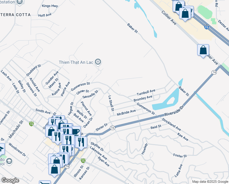 map of restaurants, bars, coffee shops, grocery stores, and more near Gunnerson Street in Lake Elsinore
