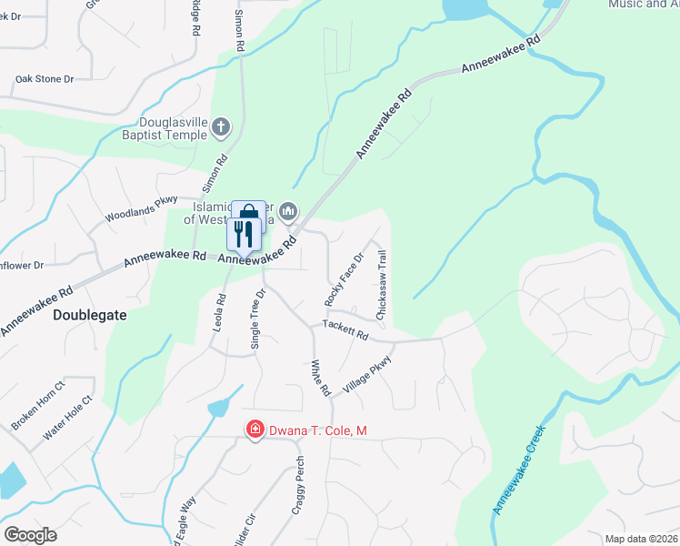 map of restaurants, bars, coffee shops, grocery stores, and more near 4166 Rocky Face Drive in Douglasville