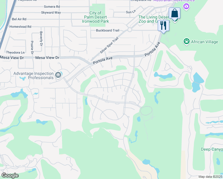 map of restaurants, bars, coffee shops, grocery stores, and more near 73447 Foxtail Lane in Palm Desert