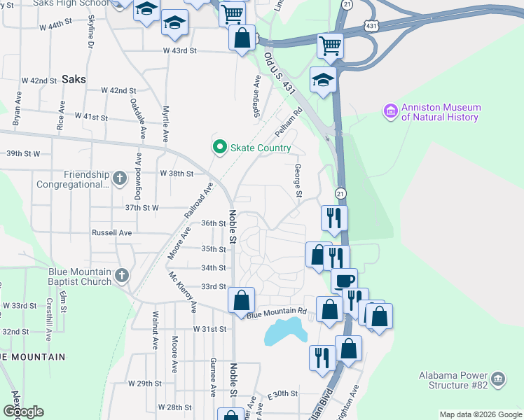 map of restaurants, bars, coffee shops, grocery stores, and more near 13 Pike Drive in Anniston