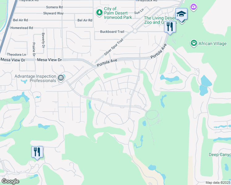 map of restaurants, bars, coffee shops, grocery stores, and more near 73447 Foxtail Lane in Palm Desert