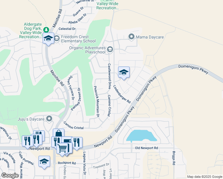 map of restaurants, bars, coffee shops, grocery stores, and more near 29604 Castlewood Drive in Menifee