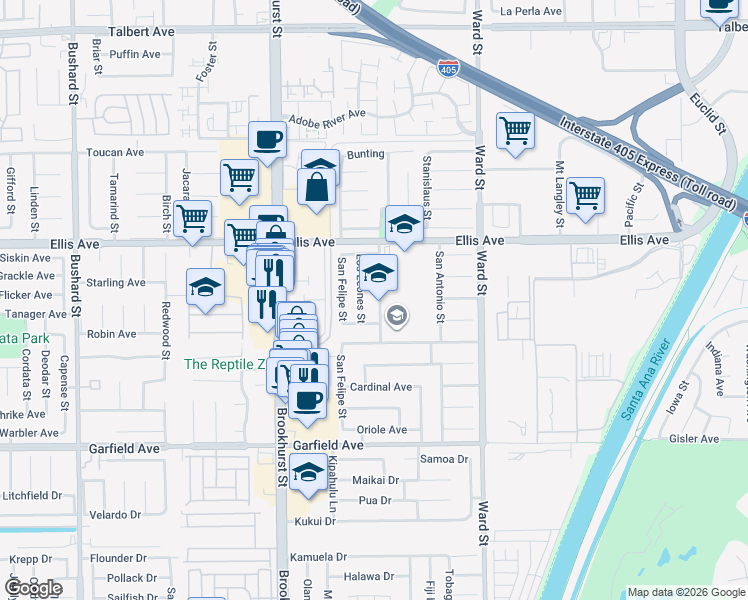 map of restaurants, bars, coffee shops, grocery stores, and more near 18643 Las Flores Street in Fountain Valley