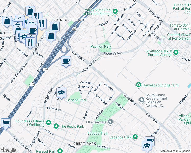 map of restaurants, bars, coffee shops, grocery stores, and more near 112 Trowel in Irvine