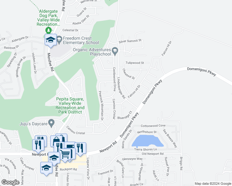 map of restaurants, bars, coffee shops, grocery stores, and more near 29604 Castlewood Drive in Menifee