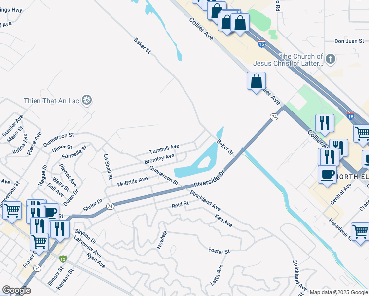 map of restaurants, bars, coffee shops, grocery stores, and more near Turnbull Avenue in Lake Elsinore