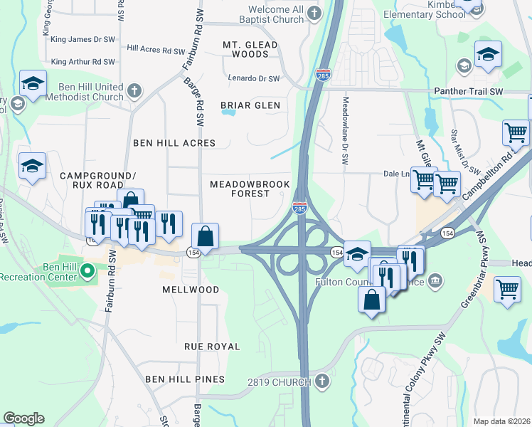 map of restaurants, bars, coffee shops, grocery stores, and more near 3478 Meadowlane Place Southwest in Atlanta