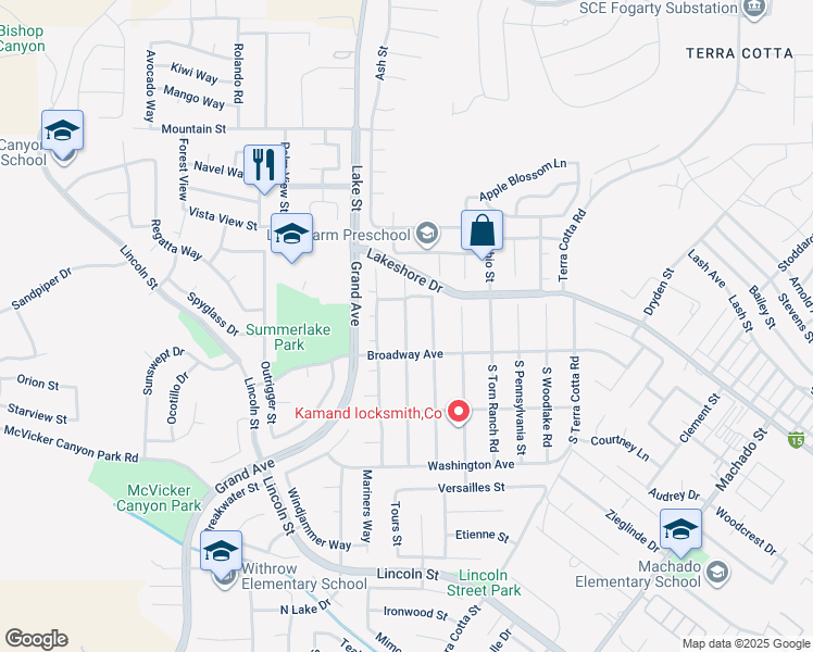 map of restaurants, bars, coffee shops, grocery stores, and more near 172 North Nebraska Street in Lake Elsinore