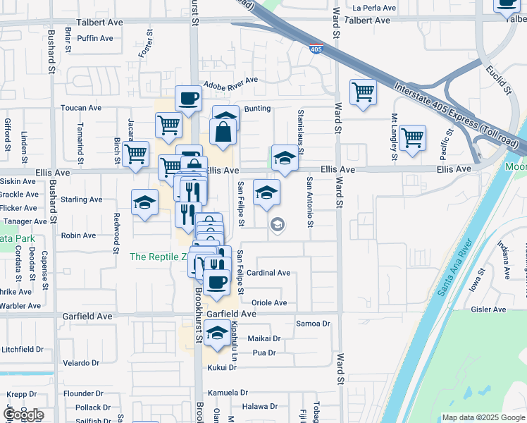 map of restaurants, bars, coffee shops, grocery stores, and more near 18643 Las Flores Street in Fountain Valley