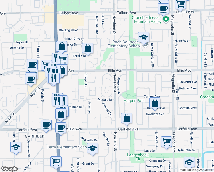 map of restaurants, bars, coffee shops, grocery stores, and more near 18601 Newland Street in Huntington Beach