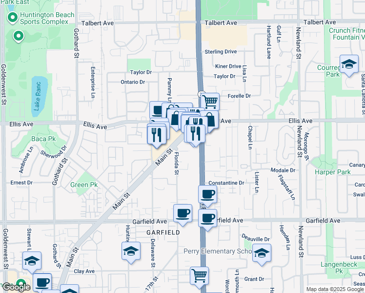 map of restaurants, bars, coffee shops, grocery stores, and more near 18652 Florida Street in Huntington Beach