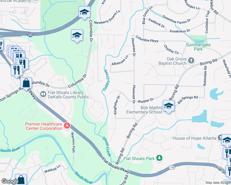 map of restaurants, bars, coffee shops, grocery stores, and more near 3178 Kingfisher Drive in Decatur