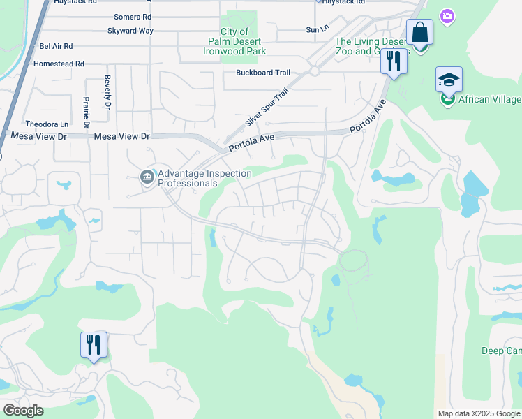 map of restaurants, bars, coffee shops, grocery stores, and more near 73419 Foxtail Lane in Palm Desert