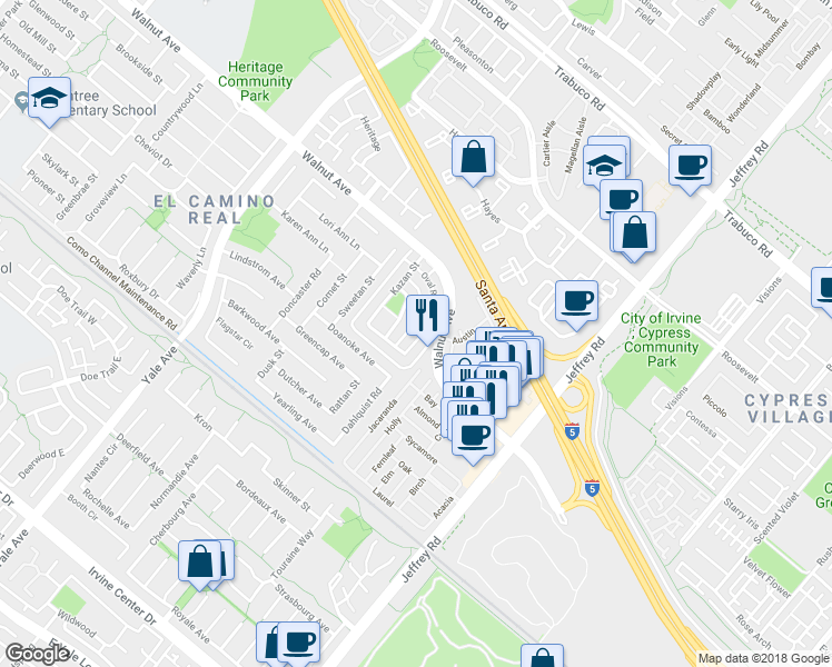 map of restaurants, bars, coffee shops, grocery stores, and more near 132 Oval Road in Irvine
