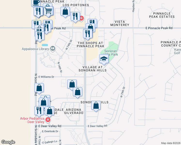 map of restaurants, bars, coffee shops, grocery stores, and more near 22605 North Miller Road in Scottsdale