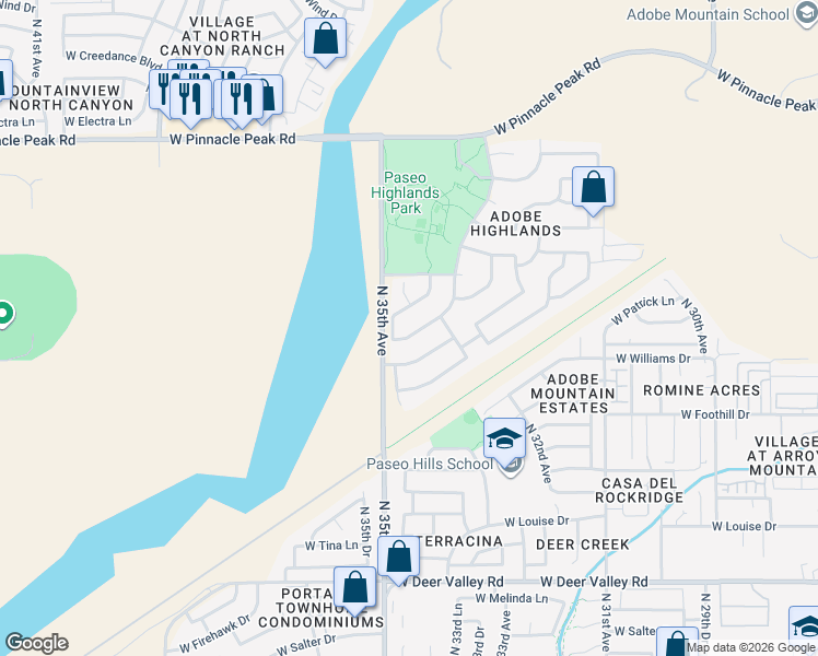 map of restaurants, bars, coffee shops, grocery stores, and more near 22623 North Hance Boulevard in Phoenix