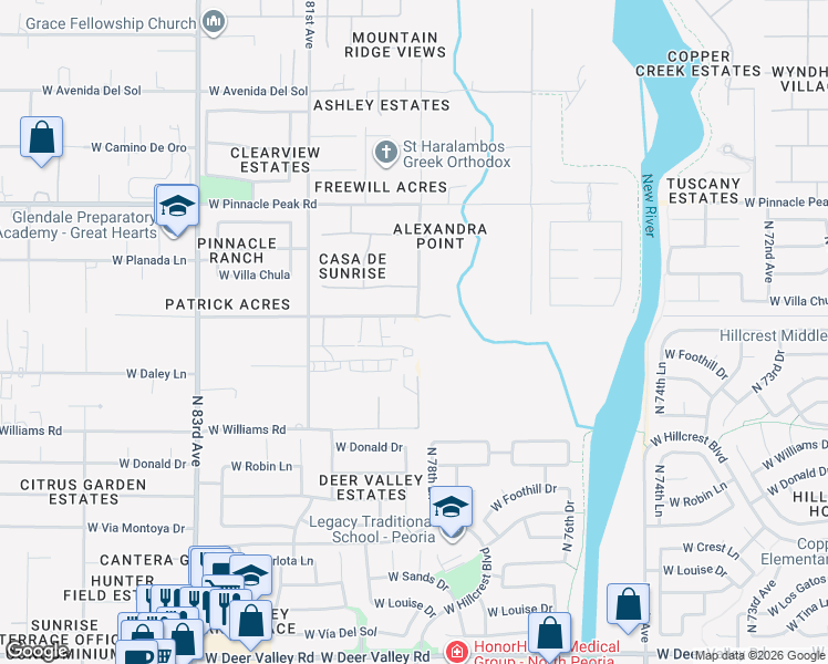 map of restaurants, bars, coffee shops, grocery stores, and more near 7921 West Patrick Lane in Peoria