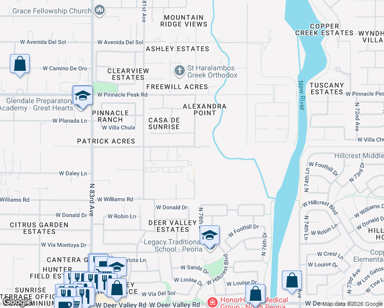 map of restaurants, bars, coffee shops, grocery stores, and more near 7921 West Patrick Lane in Peoria