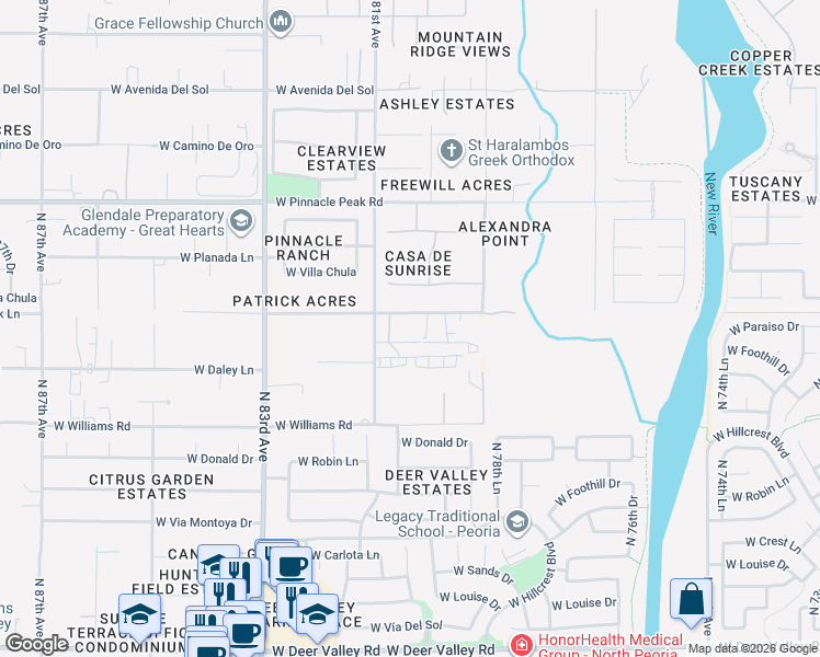 map of restaurants, bars, coffee shops, grocery stores, and more near 8001 West Patrick Lane in Peoria