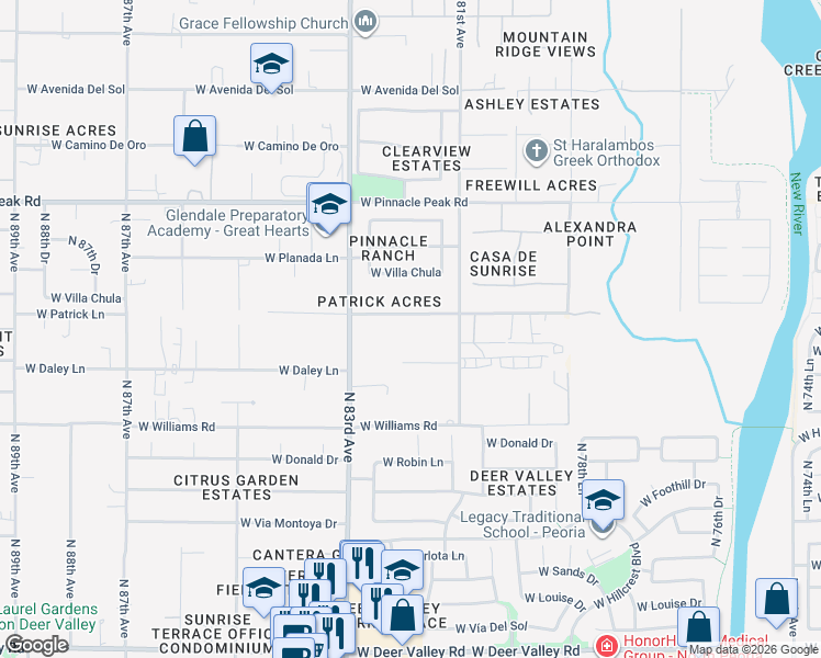 map of restaurants, bars, coffee shops, grocery stores, and more near 8156 West Daley Lane in Peoria