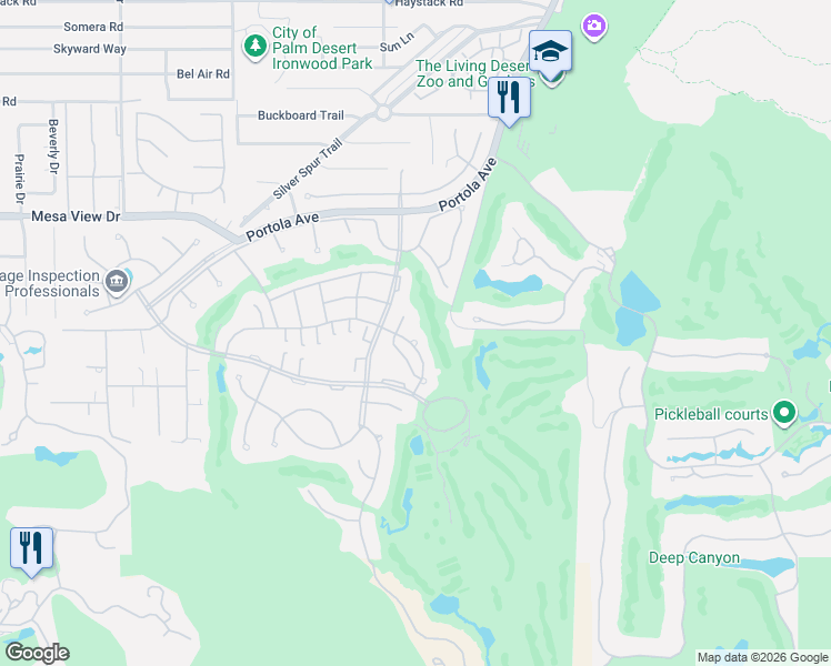 map of restaurants, bars, coffee shops, grocery stores, and more near 48992 Foxtail Lane in Palm Desert