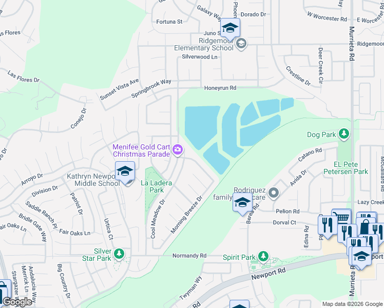 map of restaurants, bars, coffee shops, grocery stores, and more near 25296 Morning Breeze Drive in Menifee