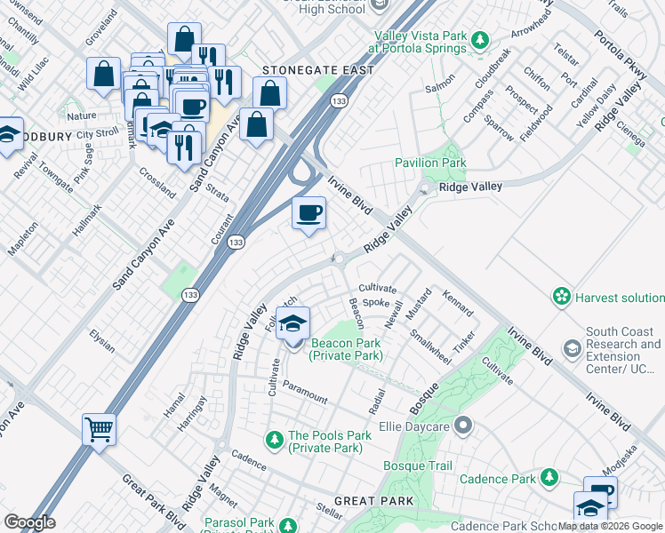 map of restaurants, bars, coffee shops, grocery stores, and more near 283 Follyhatch in Irvine