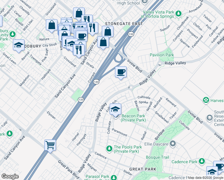 map of restaurants, bars, coffee shops, grocery stores, and more near 300 Novel in Irvine