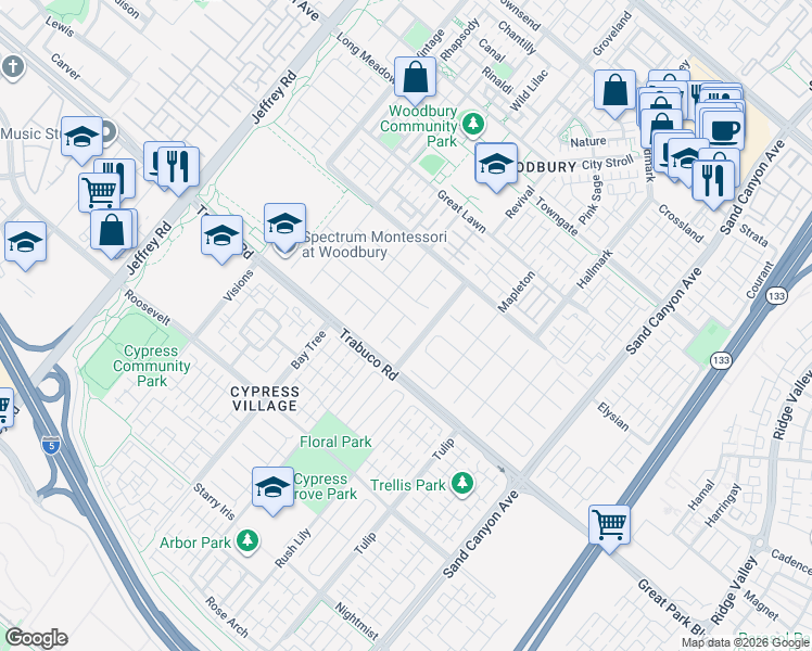 map of restaurants, bars, coffee shops, grocery stores, and more near 3 Conifer in Irvine