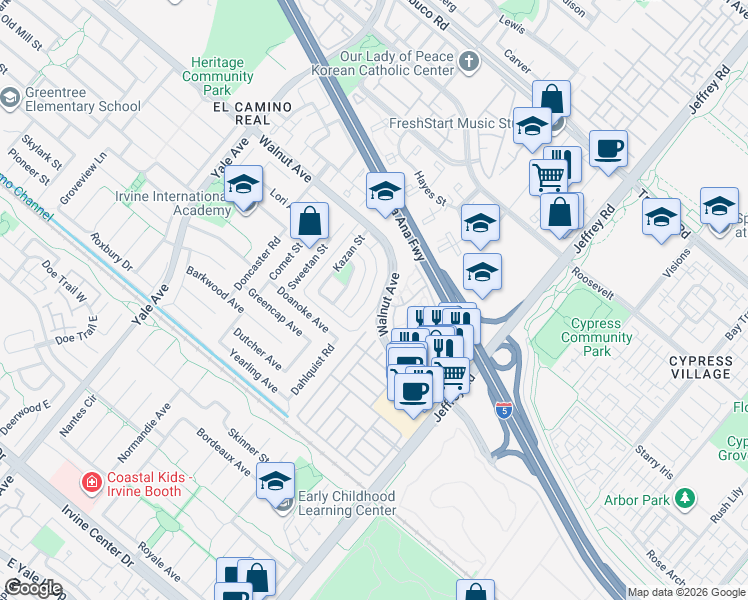 map of restaurants, bars, coffee shops, grocery stores, and more near 22 Walnut Avenue in Irvine