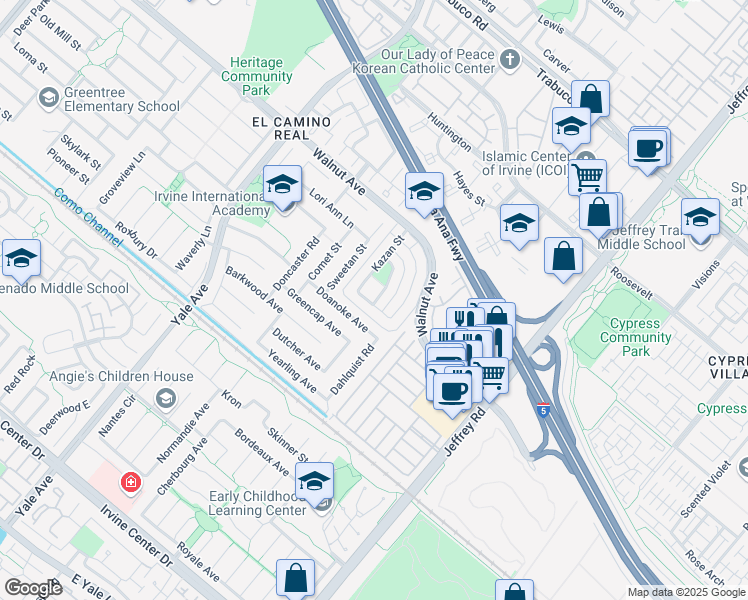 map of restaurants, bars, coffee shops, grocery stores, and more near 87 Elksford Avenue in Irvine