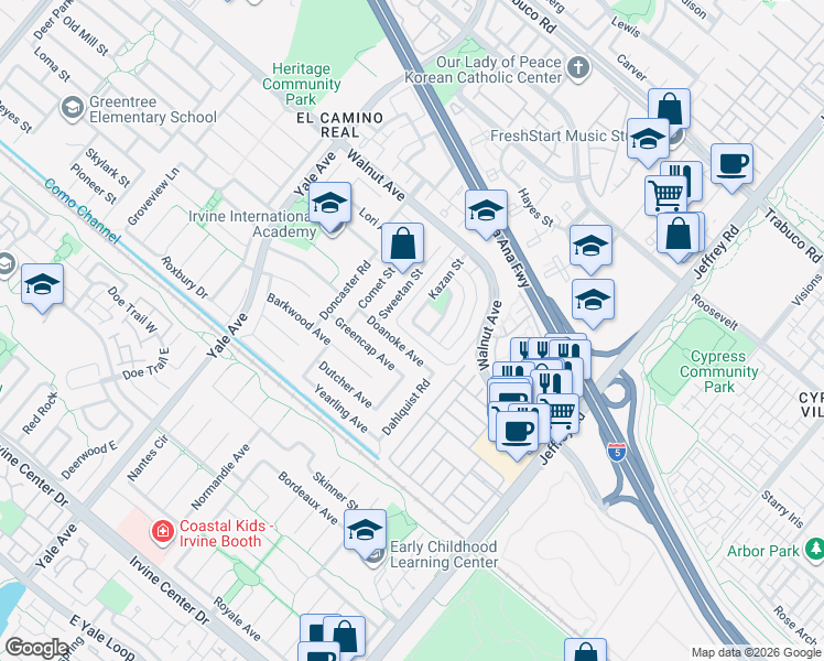 map of restaurants, bars, coffee shops, grocery stores, and more near 5121 Doanoke Avenue in Irvine
