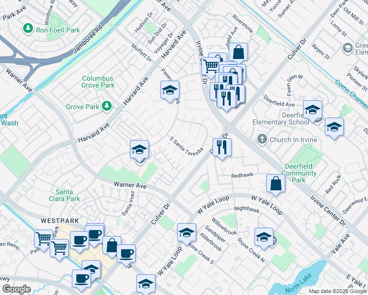 map of restaurants, bars, coffee shops, grocery stores, and more near 11 Avignon in Irvine